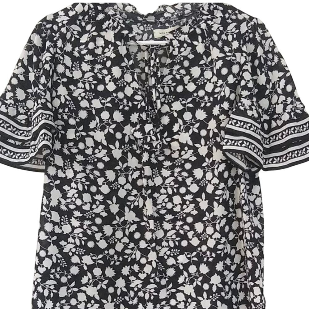 Max Studio floral peasant blouse featuring a classic black and white print.